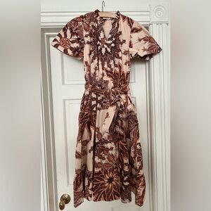 Maude Vivante Ikat Aria Midi Dress Poplin Balloon Sleeve Paisley Floral. Small